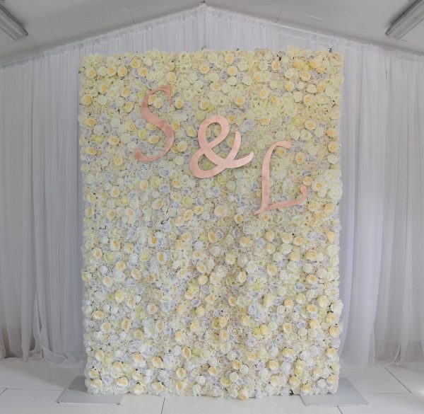White flower wall, rose flower wall, wedding decor inspo, wedding decor ideas, wedding ceremony styling, venue styling, weddings NI, weddings Ireland, Fermanagh weddings