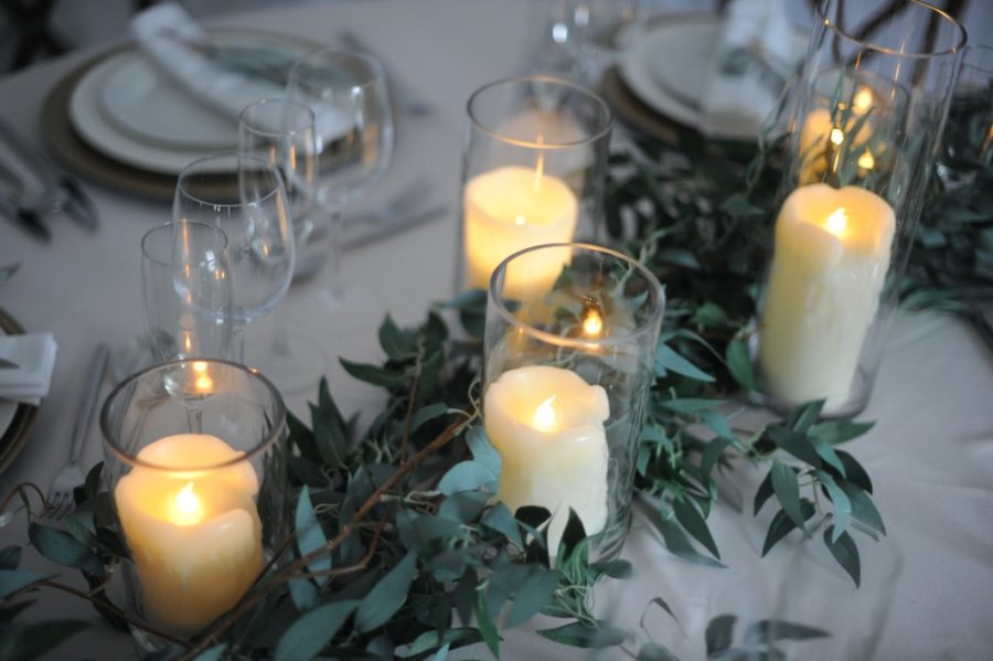 Trailing foliage and glassware