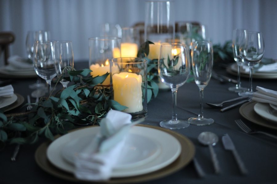 Trailing foliage and glassware